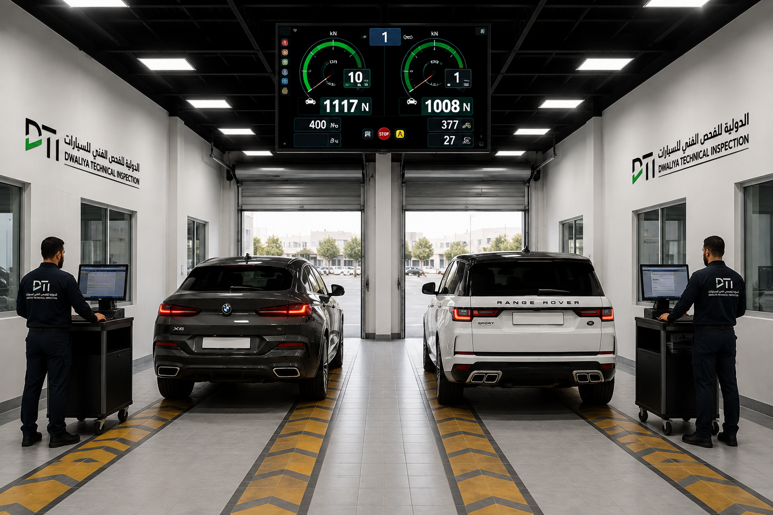 صالة الفحص الفني للمرور في DTI مع سيارتي BMW ورنج روفر وفنيين
